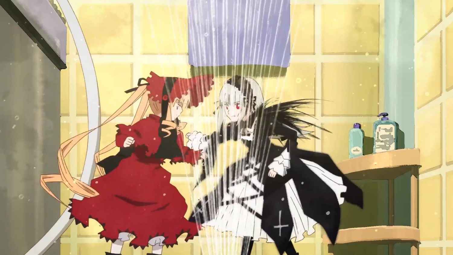 1boy auto_tagged curtains image multiple_girls pair red_eyes shinku suigintou sword weapon white_hair