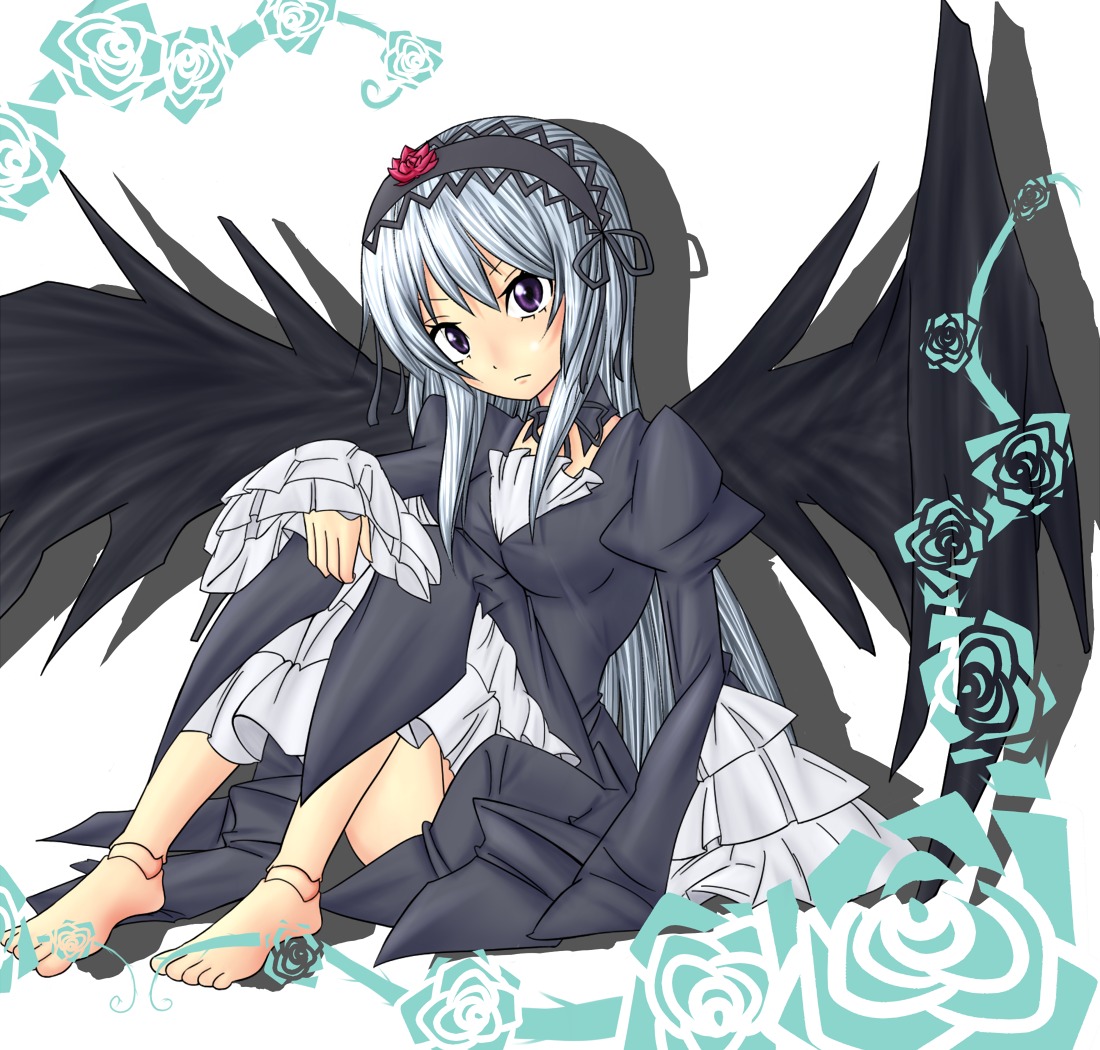 1girl barefoot black_flower black_rose black_wings blue_flower blue_rose dress flower gothic_lolita hairband image lolita_fashion long_hair long_sleeves pink_rose purple_eyes purple_rose red_rose rose silver_hair sitting solo suigintou white_rose wings