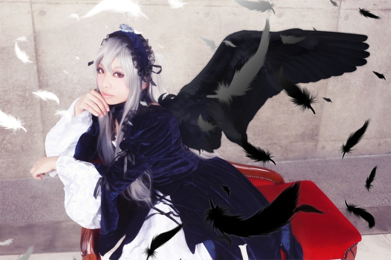 1girl bird black_feathers black_wings crow dove dress feathered_wings feathers flower frills hairband long_hair long_sleeves red_eyes silver_hair solo suigintou very_long_hair white_feathers wings