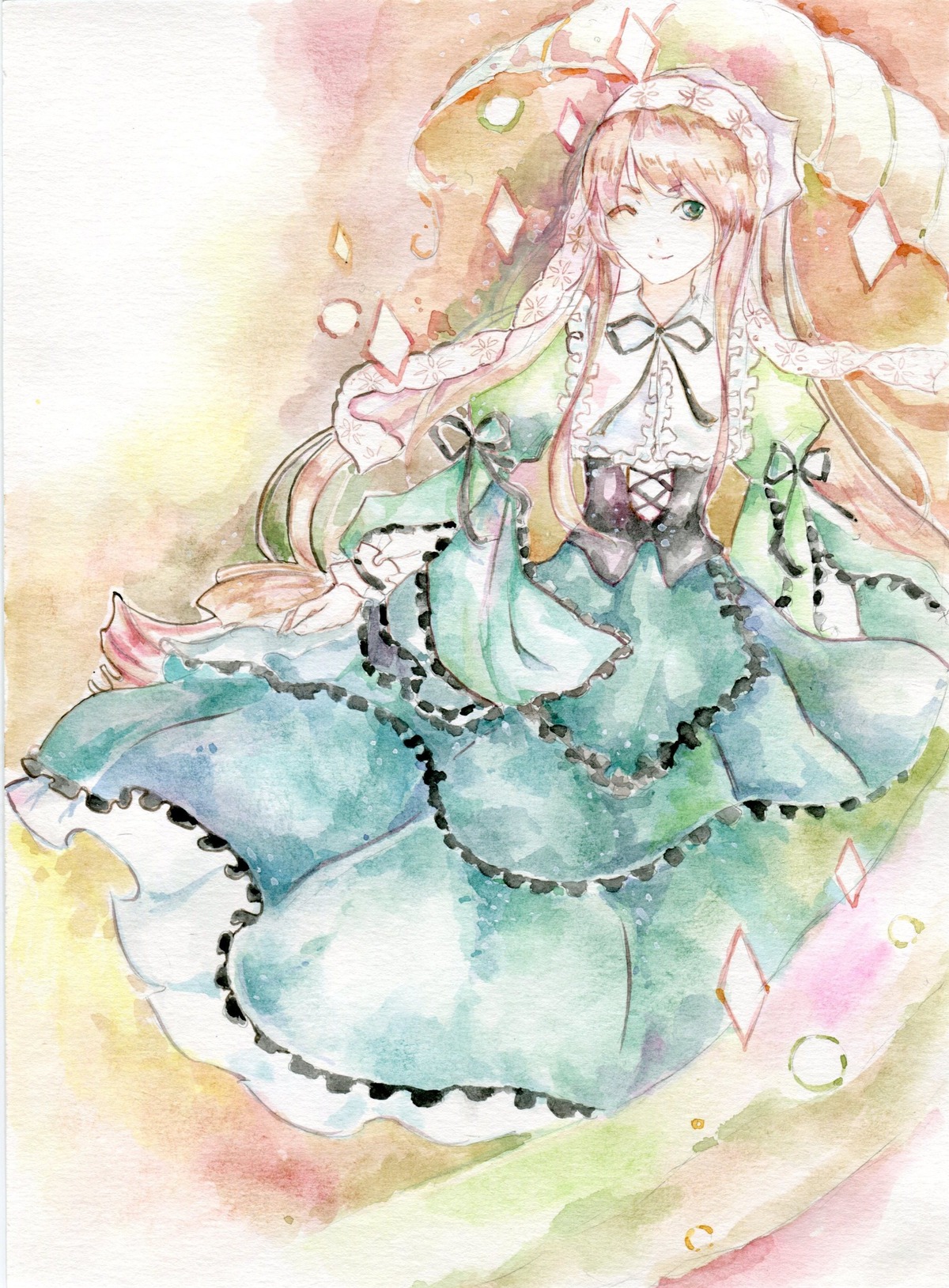 1girl auto_tagged bow dress frills green_dress green_eyes hat image long_hair long_sleeves one_eye_closed ribbon smile solo suiseiseki traditional_media very_long_hair watercolor_(medium)
