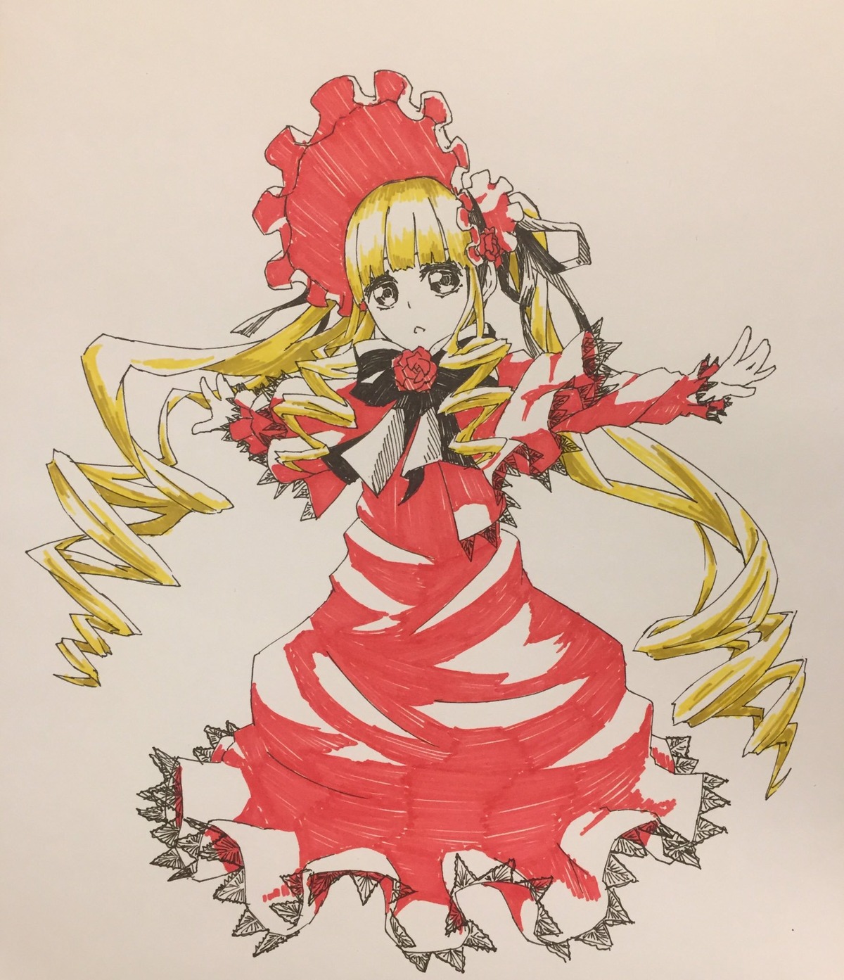 1girl bangs blonde_hair bonnet bow dress drill_hair flower frills full_body image long_hair long_sleeves looking_at_viewer red_dress red_flower rose shinku simple_background solo traditional_media twintails