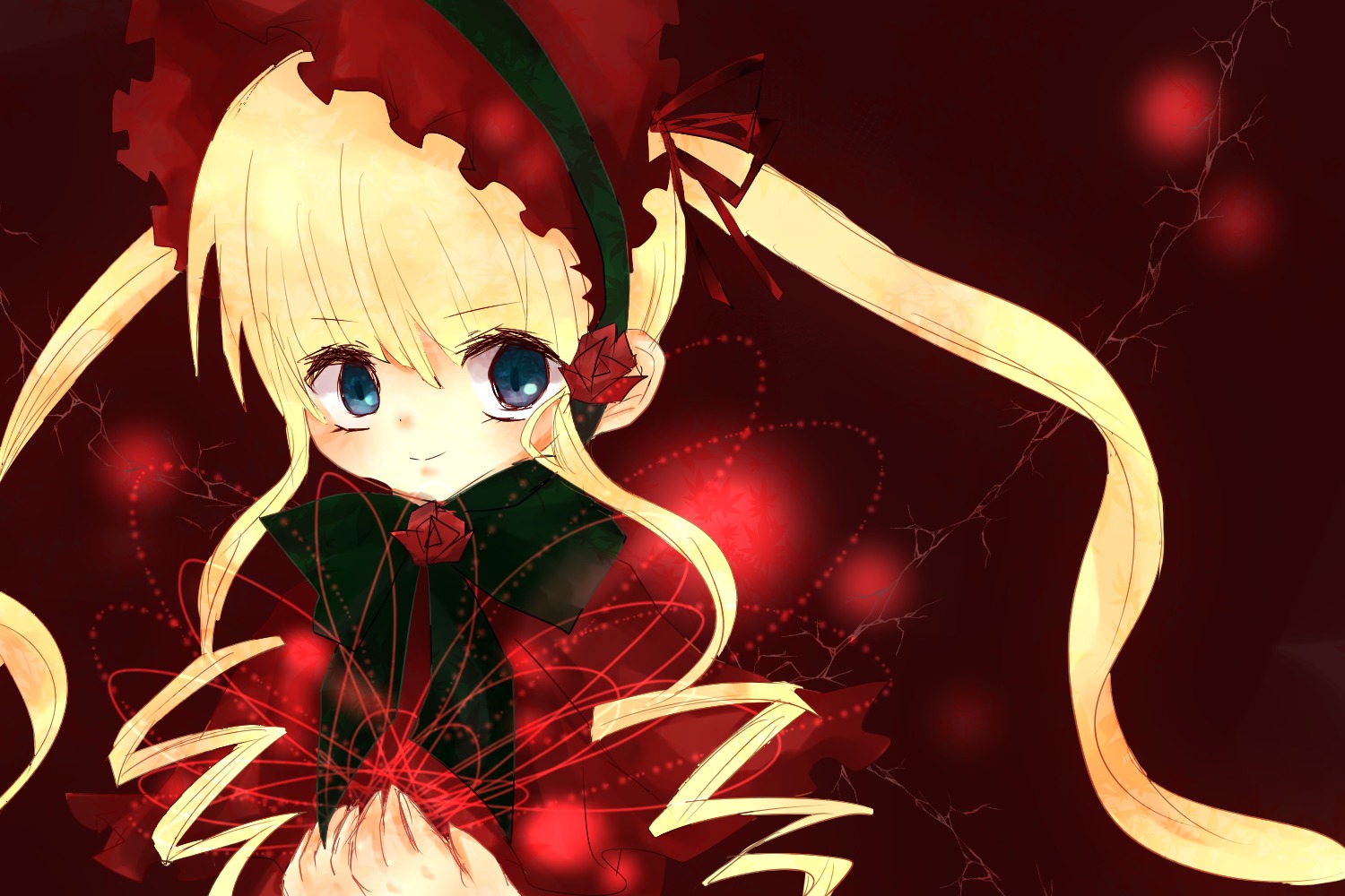 1girl blonde_hair blue_eyes bow bowtie dress flower image long_hair long_sleeves looking_at_viewer red_dress shinku solo twintails