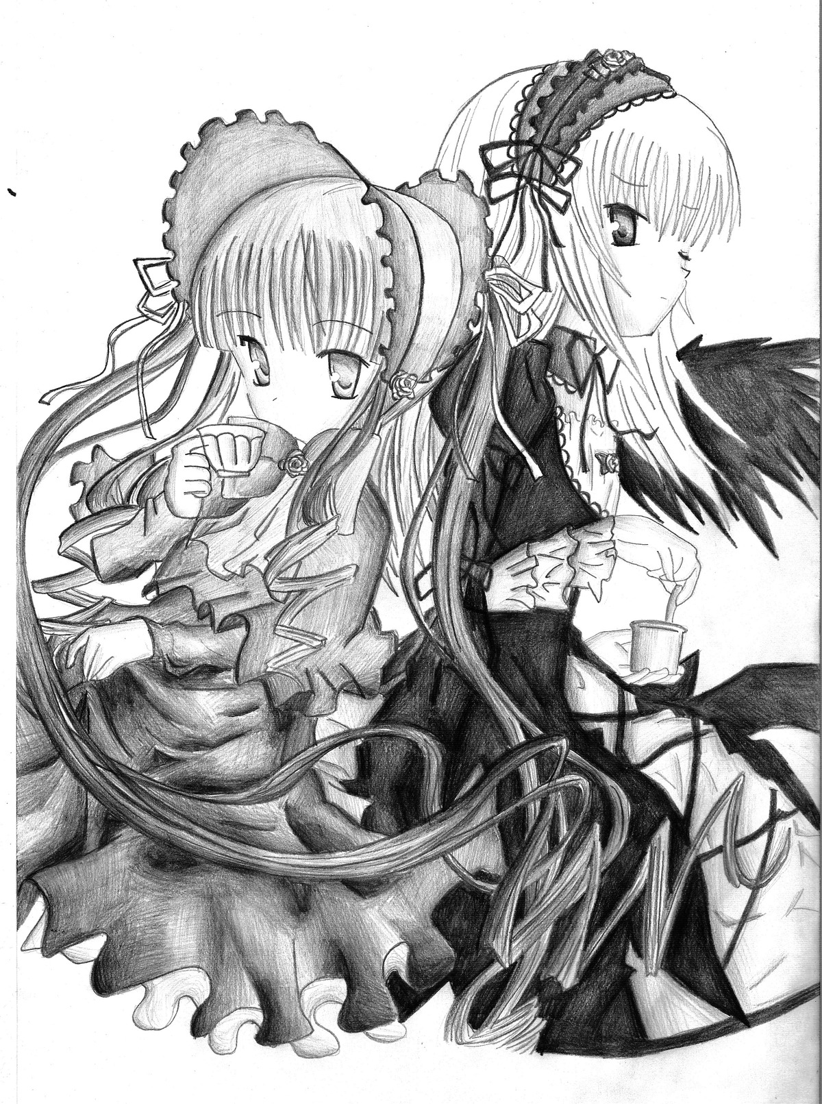 2girls bonnet cup dress frills greyscale hairband image long_hair long_sleeves looking_at_viewer monochrome multiple_girls pair shinku simple_background suigintou tea teacup traditional_media white_background wings