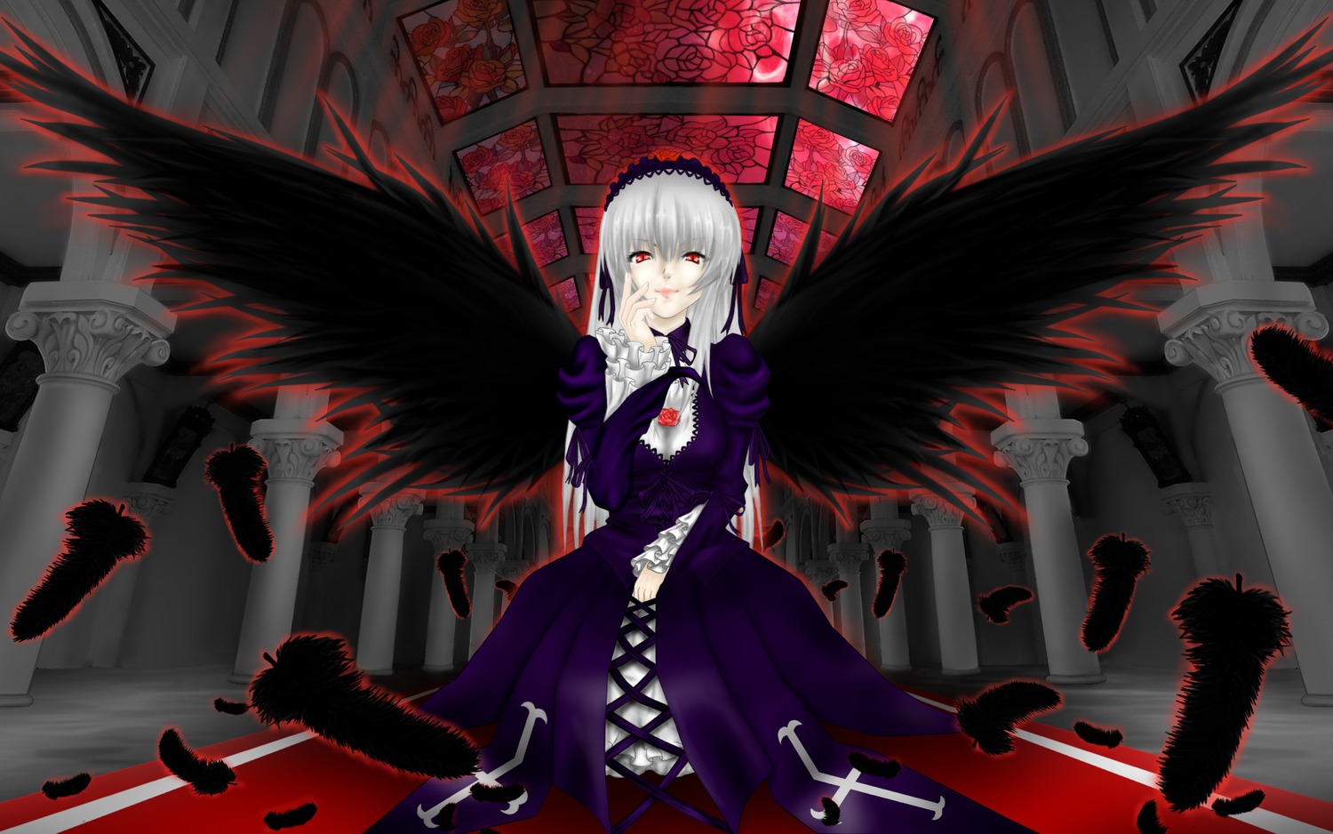 1girl black_wings dress feathers flower frills hairband image long_hair long_sleeves red_eyes rose silver_hair solo suigintou wings