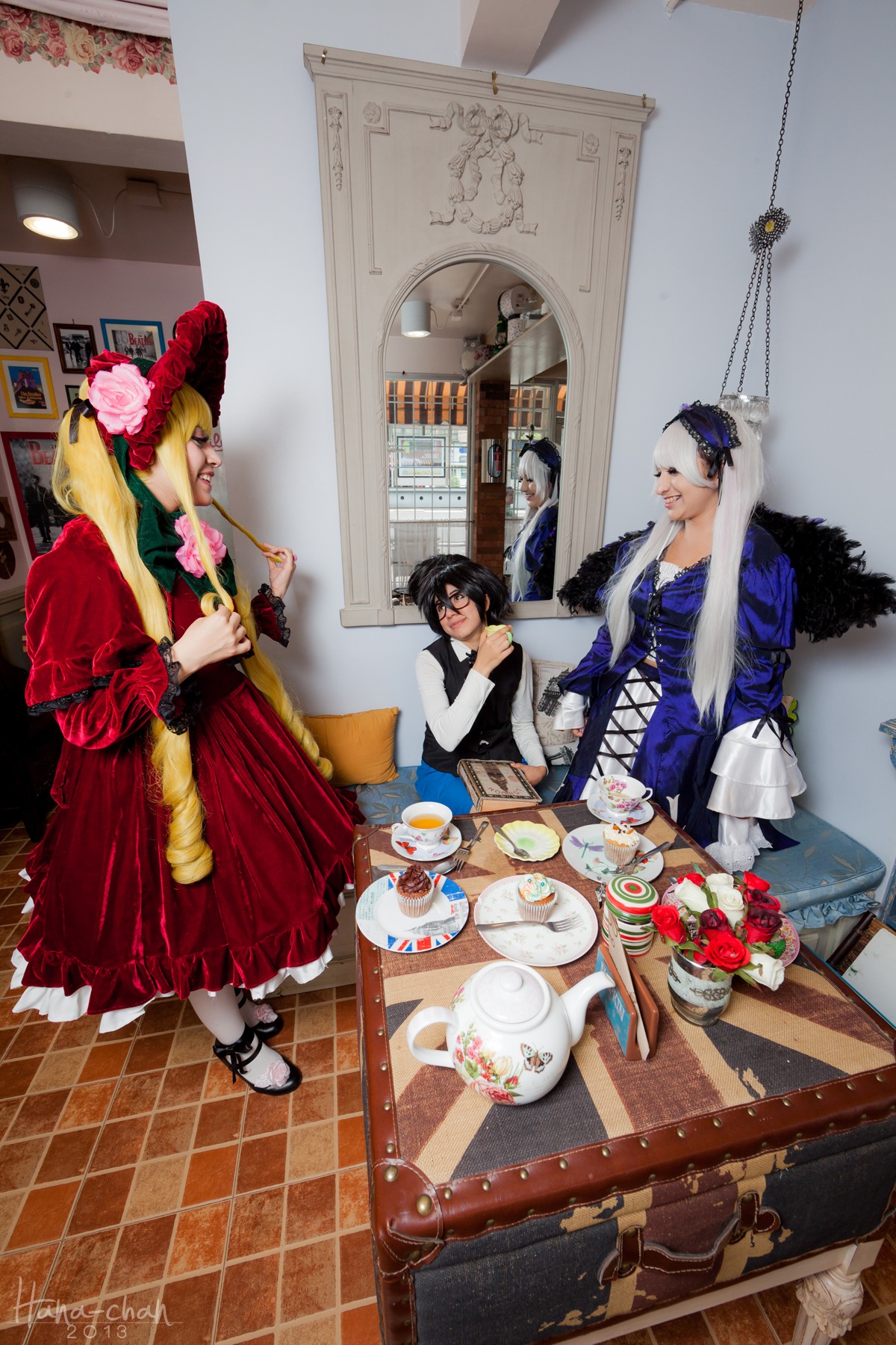 black_hair blonde_hair cake cup dress flower food multiple_boys multiple_cosplay sitting table tagme teacup teapot