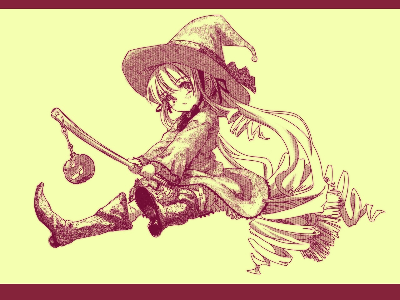 1girl bloomers boots bow broom chain commentary_request doll_joints dress drill_hair full_body hat image jack-o'-lantern joints letterboxed long_hair long_sleeves looking_at_viewer monochrome pumpkin rozen_maiden shinku solo st+1 twin_drills twintails underwear very_long_hair witch witch_hat yellow_background