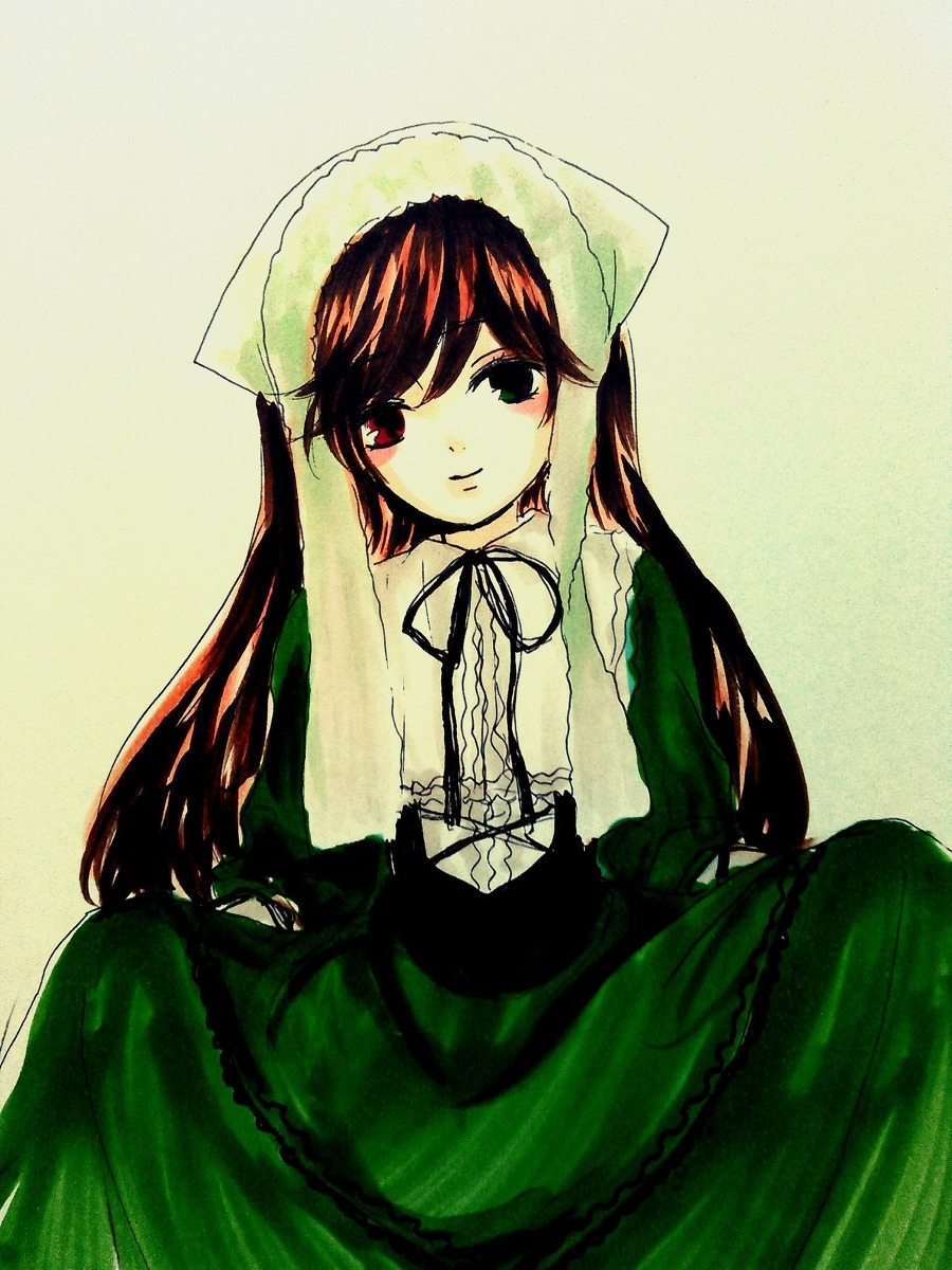 1girl bangs brown_hair closed_mouth dress frills green_dress green_eyes head_scarf heterochromia image long_hair long_sleeves looking_at_viewer red_eyes simple_background sitting solo suiseiseki very_long_hair