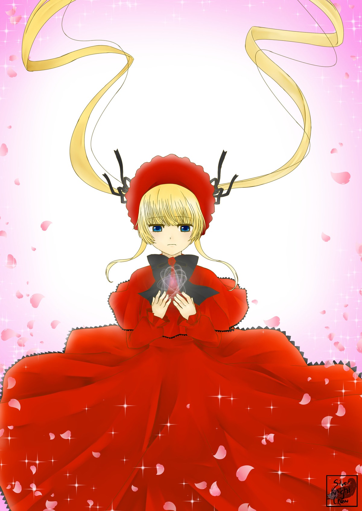 1girl artist_name blonde_hair blue_eyes bonnet bow capelet dress flower image long_hair long_sleeves looking_at_viewer petals red_dress rose_petals shinku solo twintails very_long_hair