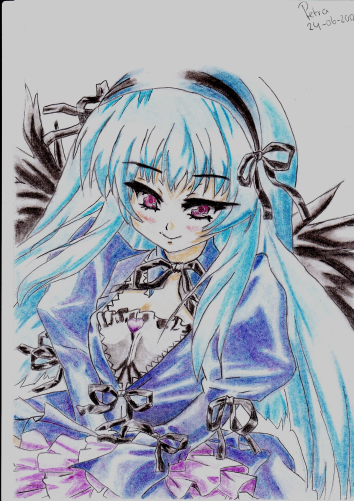 1girl black_wings blush breasts colored_pencil_(medium) dress feathers frills hairband image long_hair long_sleeves looking_at_viewer marker_(medium) pink_eyes puffy_sleeves ribbon shikishi signature simple_background smile solo suigintou traditional_media watercolor_(medium) wings