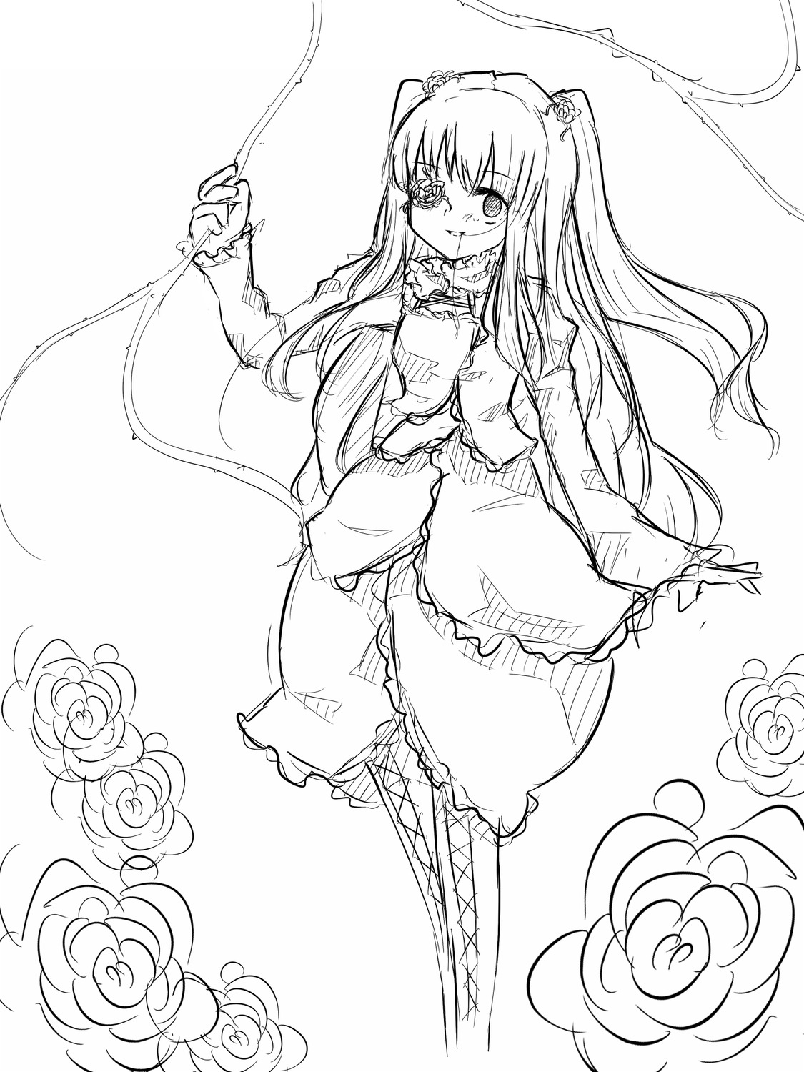 1girl dress flower greyscale image kirakishou long_hair long_sleeves looking_at_viewer monochrome rose solo thorns two_side_up very_long_hair