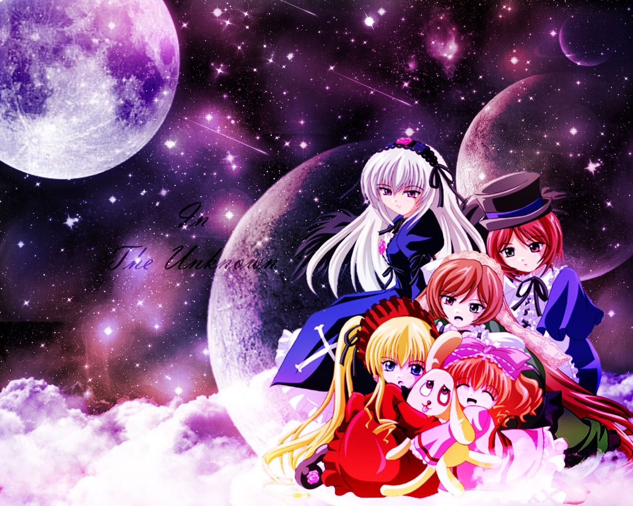 6+girls blonde_hair bonnet closed_eyes crescent_moon dress earth full_moon hairband hat hina_ichigo long_hair moon multiple_girls night night_sky planet red_eyes shinku shooting_star sitting sky smile space star_(sky) starry_sky suigintou twintails very_long_hair wings