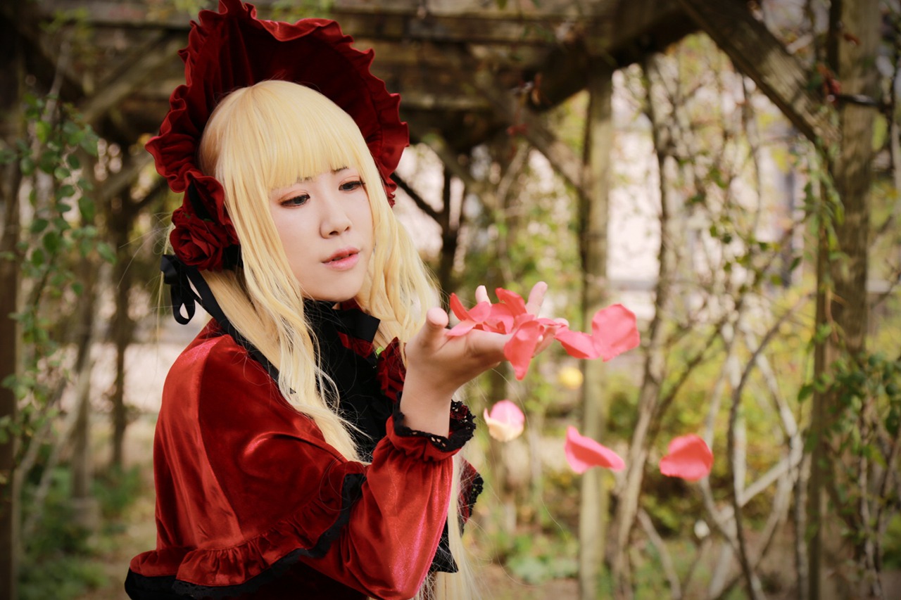 1girl bangs blonde_hair blurry blurry_background bonnet capelet closed_eyes depth_of_field dress flower lips long_hair long_sleeves petals realistic red_dress red_flower rose shinku solo upper_body