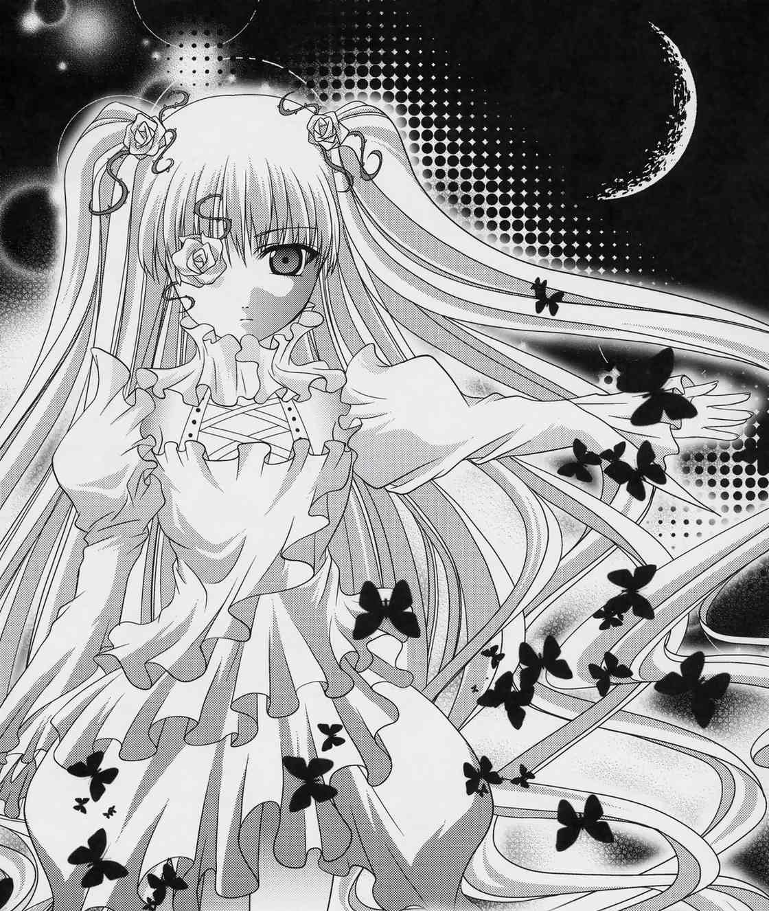 1girl bug butterfly dress eyepatch flower greyscale hair_flower hair_ornament image insect kirakishou long_hair monochrome moon rose solo very_long_hair