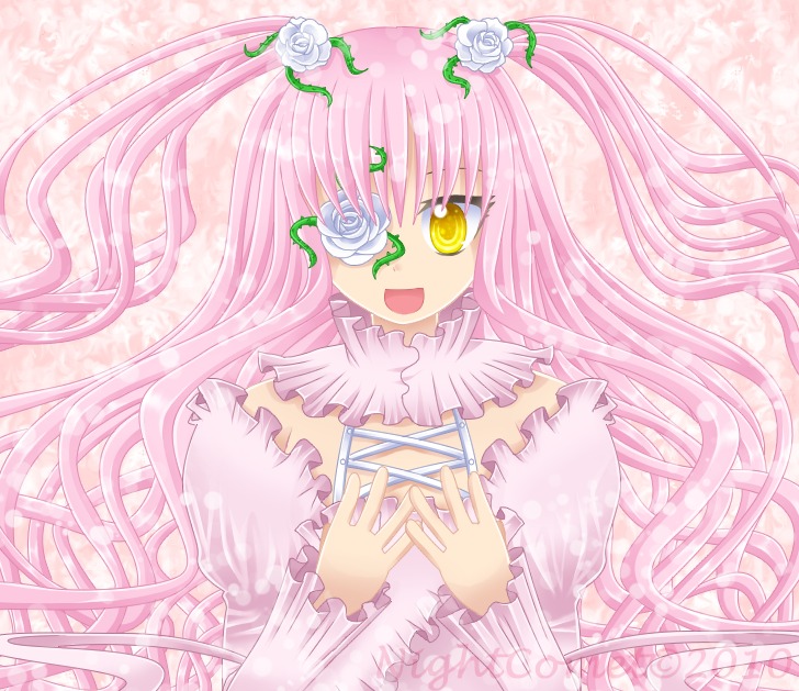 1girl dress flower frills hair_flower hair_ornament hands_on_own_chest image kirakishou long_hair open_mouth pink_hair pink_theme rose smile solo two_side_up very_long_hair vines white_flower white_rose yellow_eyes