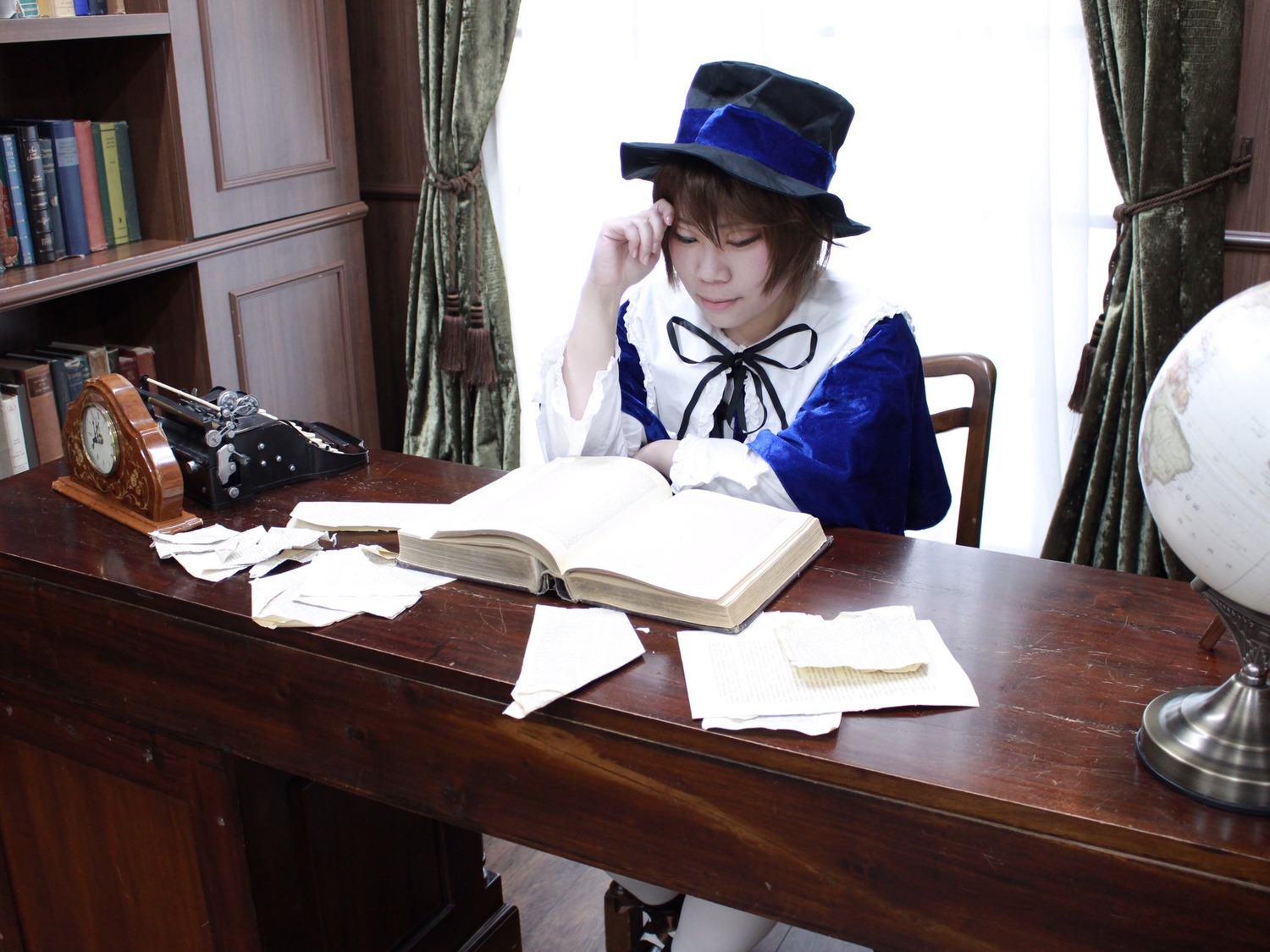 book book_stack bookshelf brown_hair closed_eyes curtains hat hat_ribbon indoors neck_ribbon open_book ribbon short_hair sitting solo souseiseki window