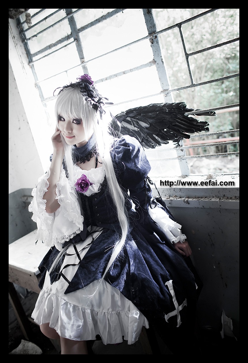 1girl black_border border dress feathers flower frills gothic_lolita letterboxed lips lolita_fashion rose solo suigintou wings