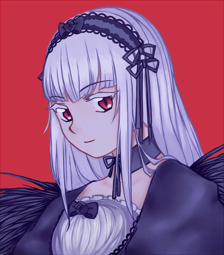 1girl bangs closed_mouth detached_collar dress frills hairband image long_hair long_sleeves looking_at_viewer puffy_sleeves red_background red_eyes silver_hair simple_background smile solo suigintou upper_body wings