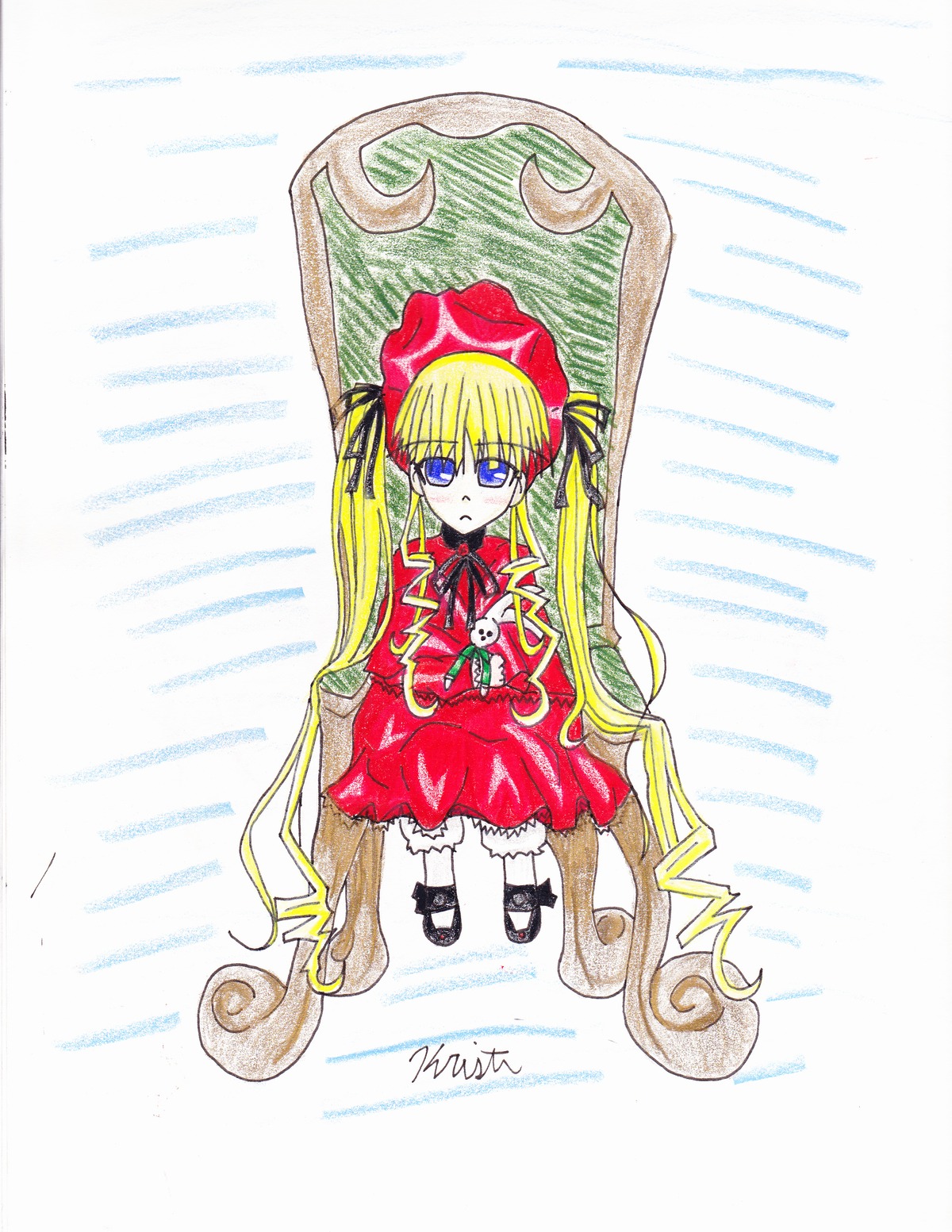 1girl bangs blonde_hair blue_eyes bonnet bow bowtie dress eyebrows_visible_through_hair full_body image long_hair long_sleeves looking_at_viewer pantyhose red_dress shinku shoes solo standing twintails very_long_hair white_legwear