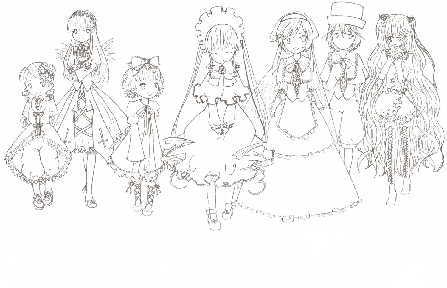 6+girls bangs boots bow dress flower frills hair_ornament hat image jewelry long_hair long_sleeves looking_at_viewer monochrome multiple multiple_girls own_hands_together short_hair smile standing striped suiseiseki tagme twintails very_long_hair