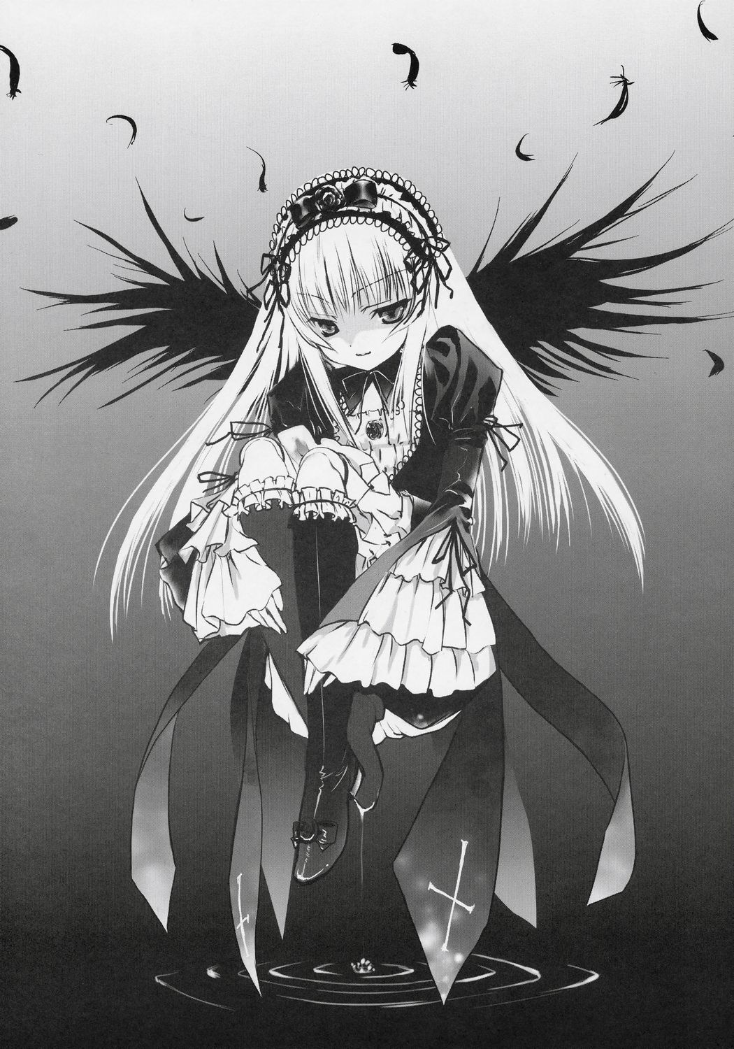 1girl blush dress feathers frilled_sleeves frills full_body greyscale hairband image long_hair long_sleeves looking_at_viewer monochrome ribbon solo standing suigintou very_long_hair wings