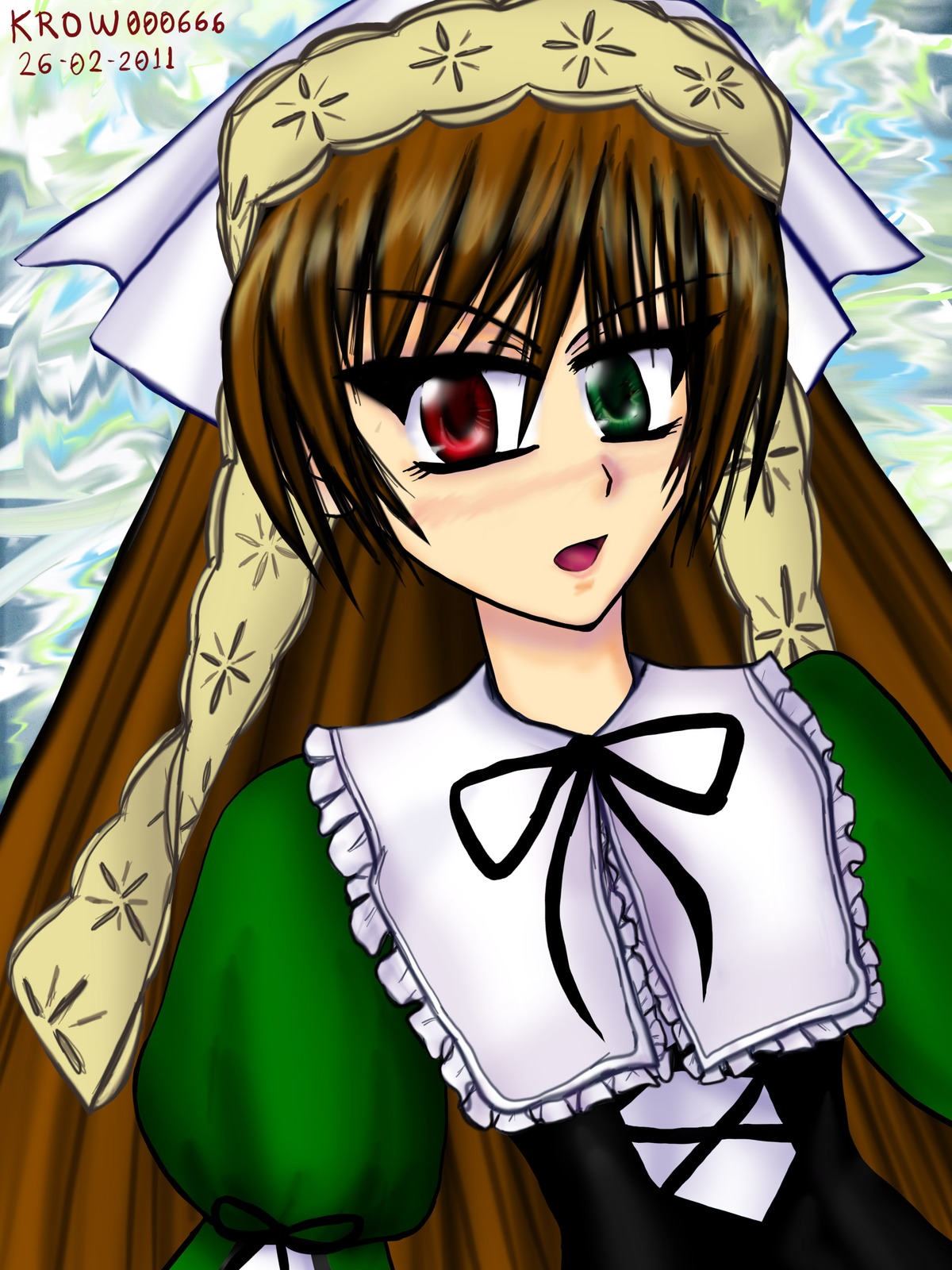 1girl auto_tagged brown_hair dress frills green_dress green_eyes head_scarf heterochromia image long_hair long_sleeves looking_at_viewer open_mouth red_eyes solo suiseiseki