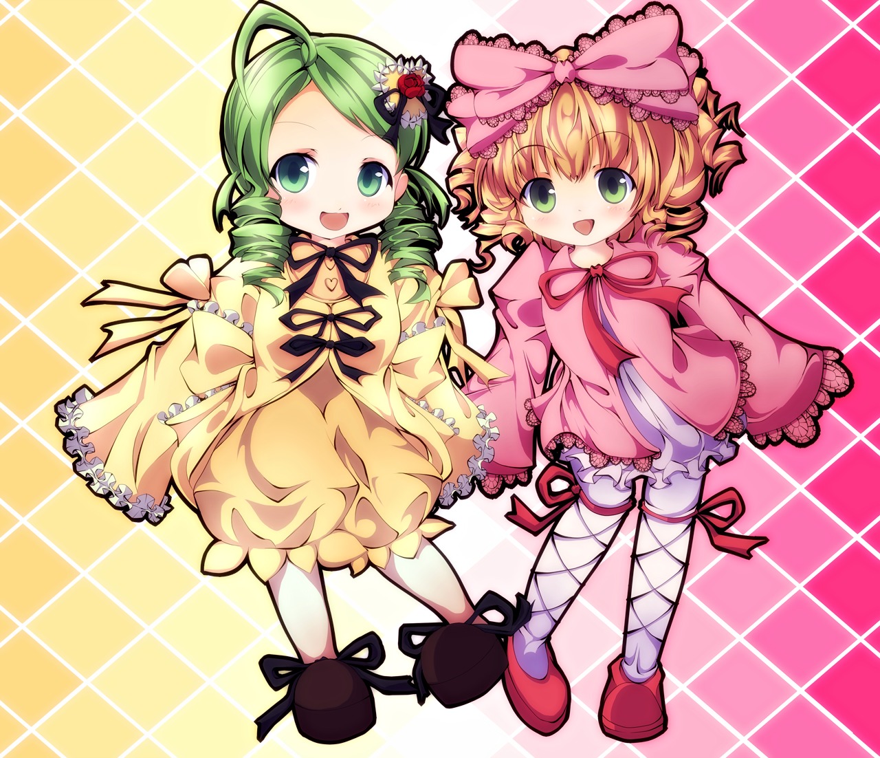 2girls argyle argyle_background blonde_hair bloomers blush bow checkered checkered_background checkered_floor dress drill_hair frills green_eyes green_hair hair_bow hair_ornament hina_ichigo hinaichigo image kanaria long_hair long_sleeves multiple_girls open_mouth pair pantyhose pink_bow plaid_background ribbon shoes short_hair siblings smile tile_floor tiles twin_drills underwear