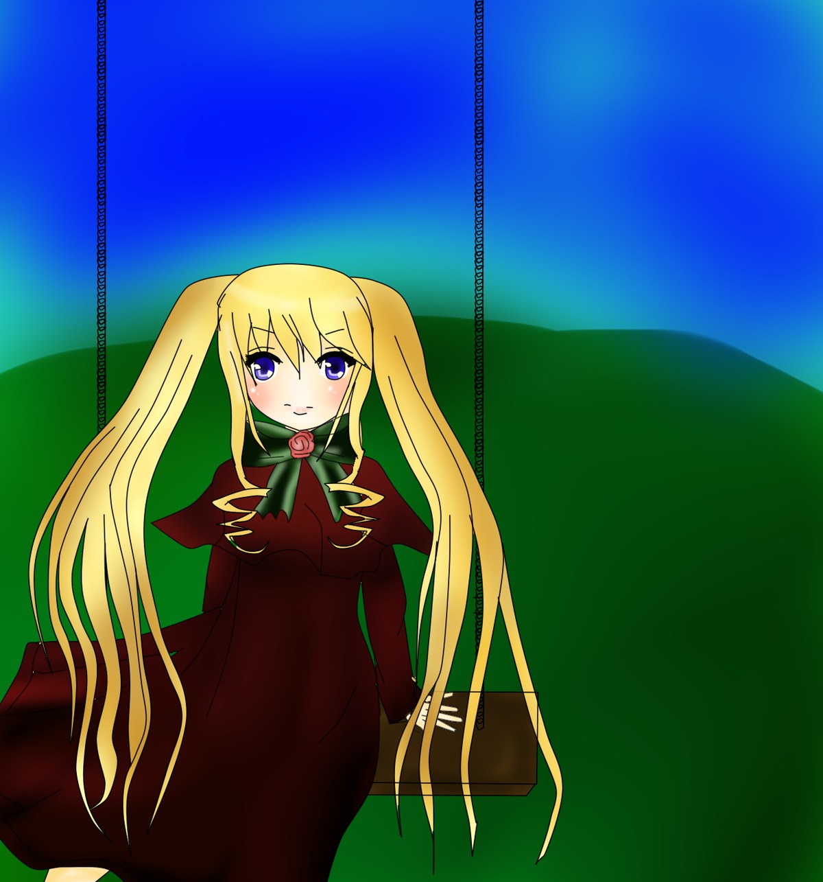 1girl blonde_hair blue_eyes blush bow bowtie capelet dress flower image long_hair long_sleeves looking_at_viewer rose shinku smile solo twintails very_long_hair