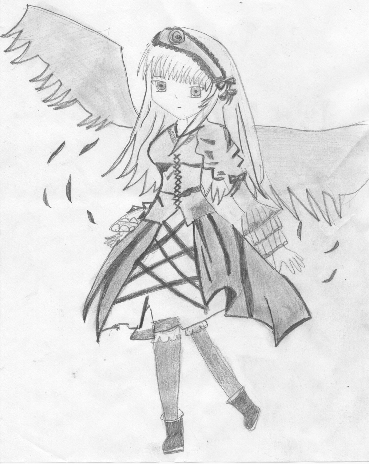 1girl bangs black_wings boots closed_mouth dress feathered_wings frills full_body greyscale hairband image long_hair long_sleeves looking_at_viewer monochrome rose simple_background solo standing suigintou traditional_media very_long_hair white_background wings