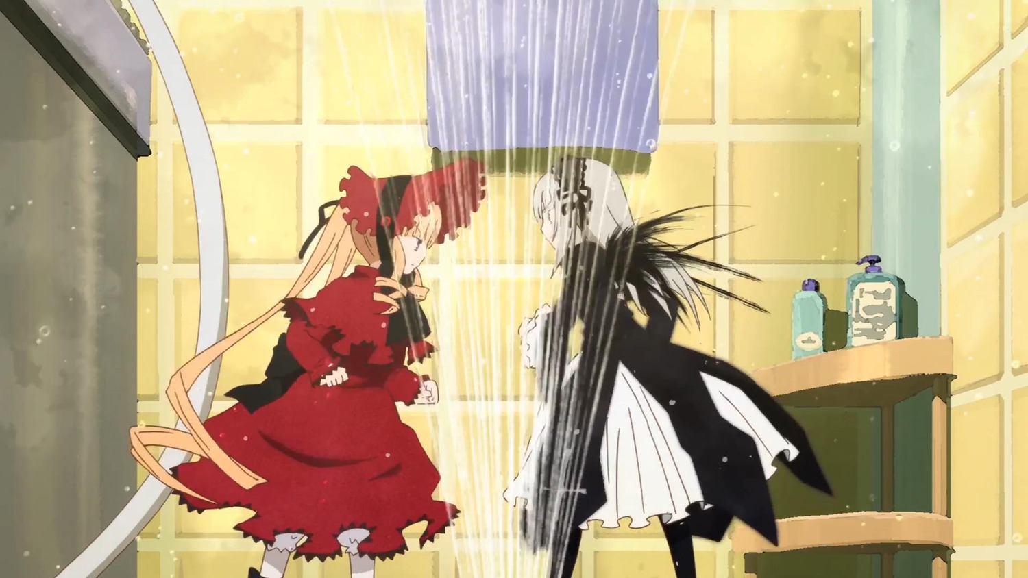 1boy 1girl curtains dress image indoors long_hair pair shinku suigintou torn_clothes window