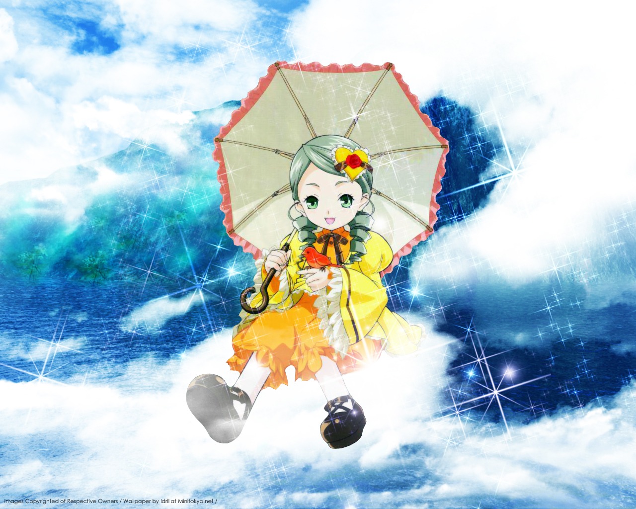 1girl cloud dress flower green_eyes green_hair hair_ornament holding holding_umbrella hydrangea image kanaria long_sleeves looking_at_viewer open_mouth parasol rain red_umbrella shared_umbrella smile solo sparkle transparent transparent_umbrella umbrella