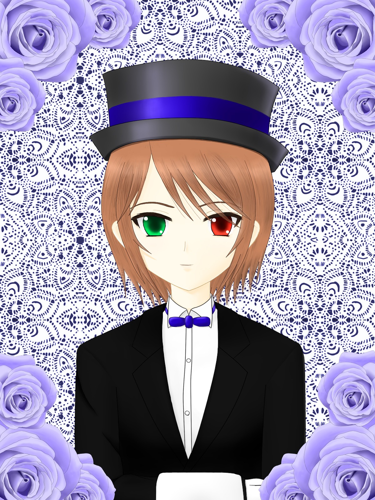 1boy black_rose blue_flower blue_rose bow bowtie brown_hair flower green_eyes hat hat_flower heterochromia image pink_flower pink_rose purple_flower purple_rose red_eyes red_rose rose short_hair solo souseiseki top_hat white_flower white_rose yellow_flower yellow_rose