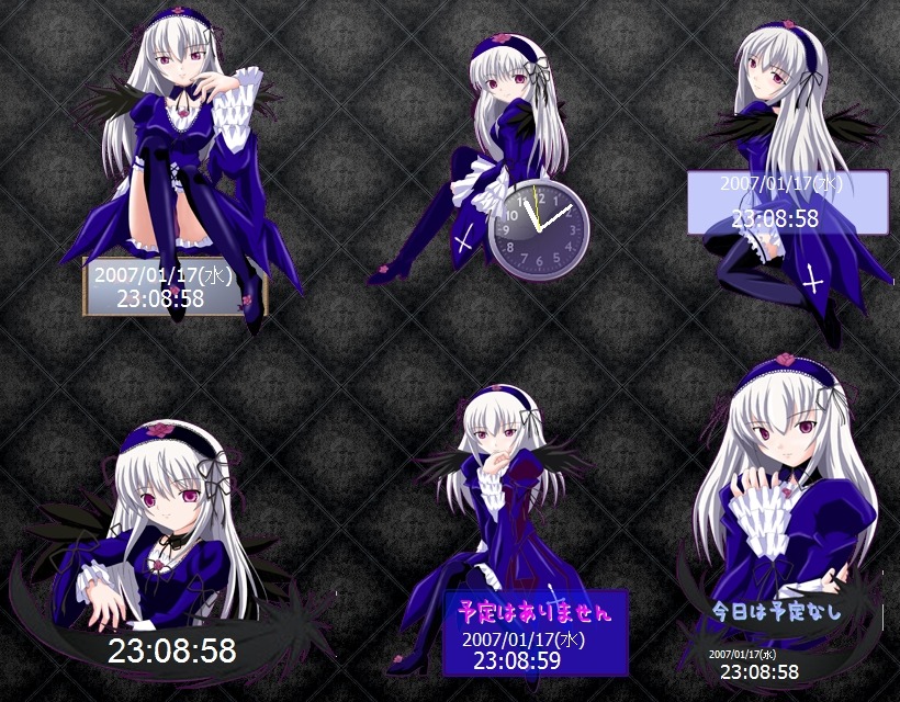 1girl blush dress flower frills hairband image long_hair long_sleeves looking_at_viewer multiple_views pink_eyes purple_flower purple_headwear ribbon silver_hair smile solo suigintou thighhighs white_hair wings