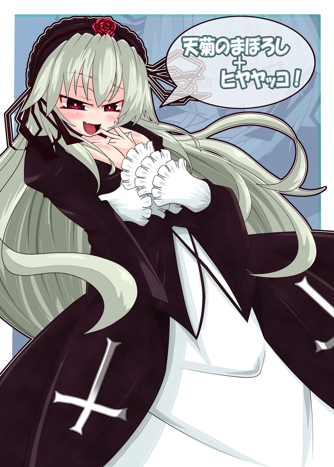 1girl auto_tagged blush dress fang flower hairband image juliet_sleeves long_hair long_sleeves open_mouth red_eyes silver_hair smile solo suigintou very_long_hair