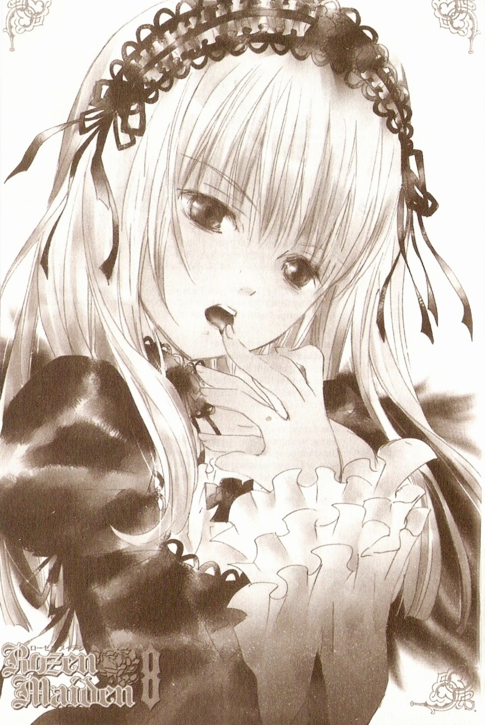 1girl candy chocolate dress food frills hairband heart image long_hair long_sleeves looking_at_viewer monochrome photo ribbon solo suigintou traditional_media upper_body wings