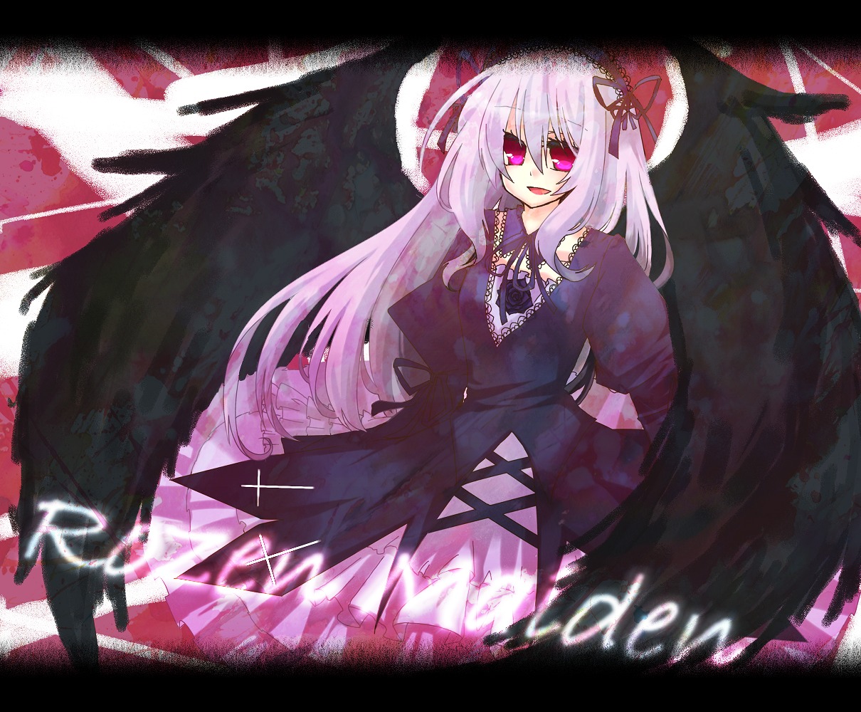 1girl black_wings cross dress image letterboxed long_hair long_sleeves looking_at_viewer open_mouth smile solo suigintou wings