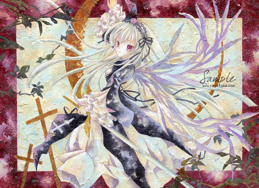 1girl dress flower frills hairband image long_hair long_sleeves looking_at_viewer silver_hair solo suigintou traditional_media very_long_hair wings