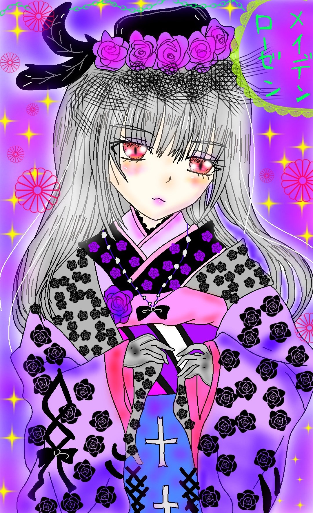 1girl blush floral_print flower image japanese_clothes kimono long_hair looking_at_viewer purple_background purple_flower purple_rose purple_theme red_eyes rose solo sparkle suigintou