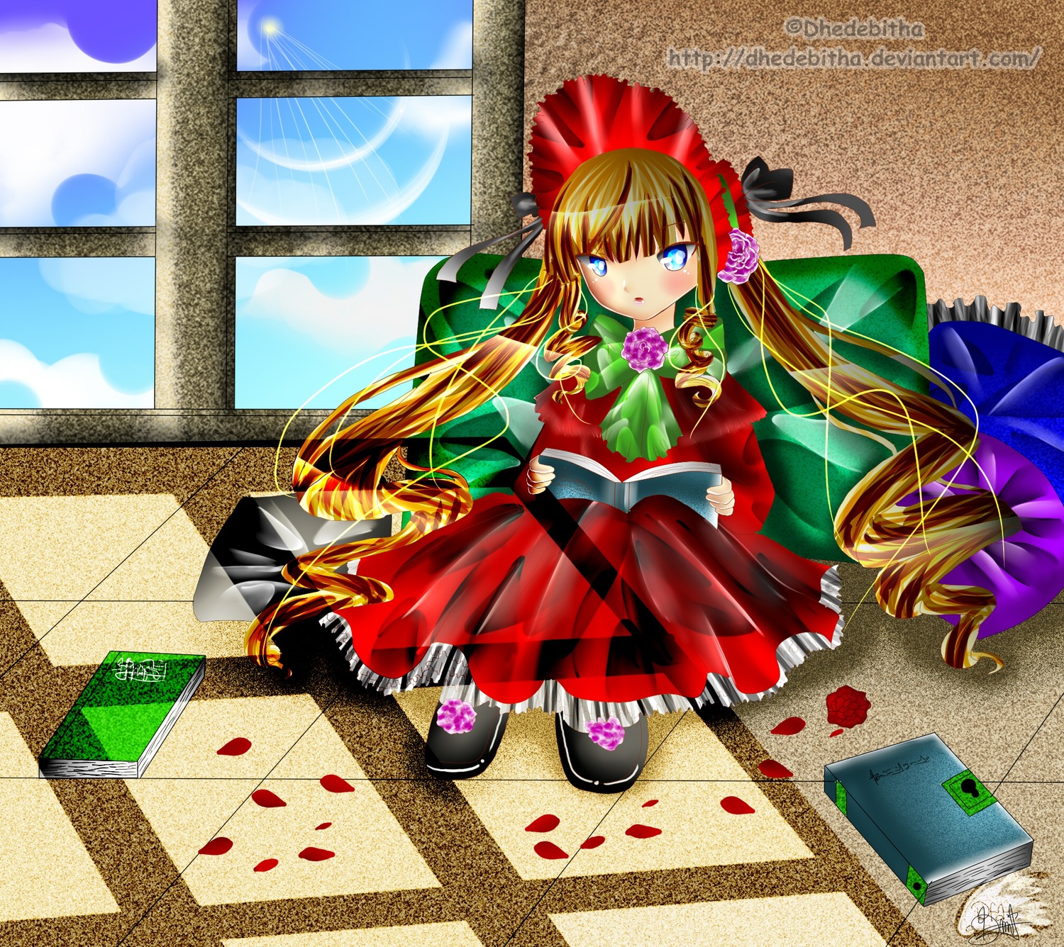 1girl blonde_hair blue_eyes bonnet book bow bowtie checkered checkered_floor dress flower green_bow image long_hair open_book petals red_dress rose shinku sitting solo tile_floor tiles twintails