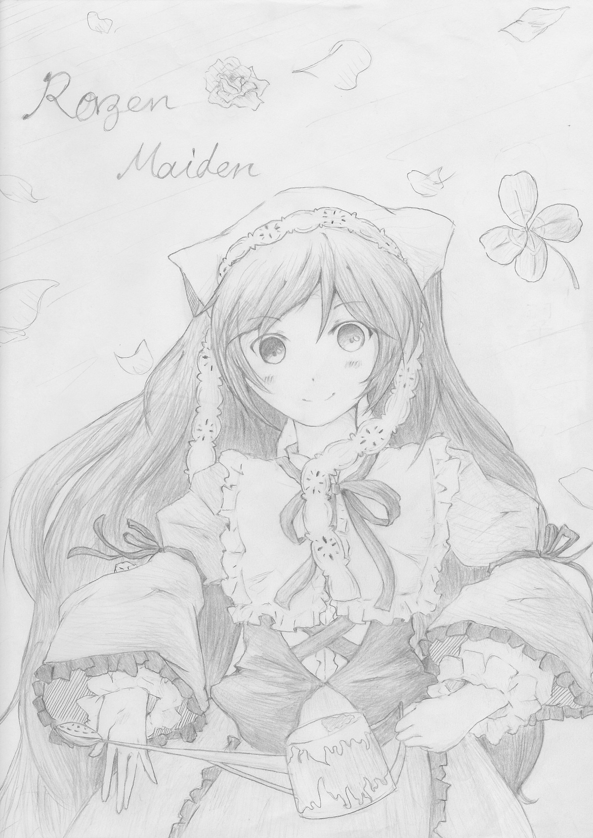 1girl blush dress flower frills greyscale image long_hair long_sleeves looking_at_viewer monochrome ribbon smile solo suiseiseki traditional_media very_long_hair wide_sleeves