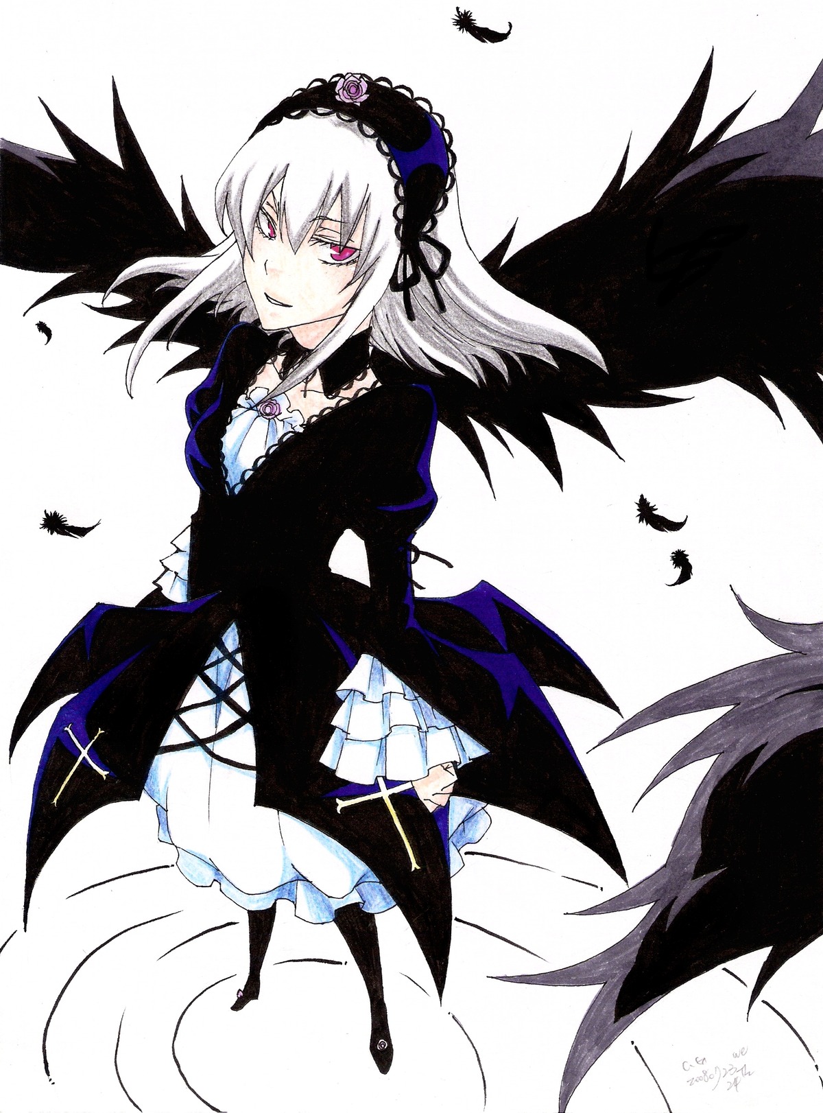 1girl black_feathers black_wings dress feathers frilled_sleeves frills hairband image long_hair long_sleeves looking_at_viewer pink_eyes red_eyes silver_hair smile solo suigintou white_background wings