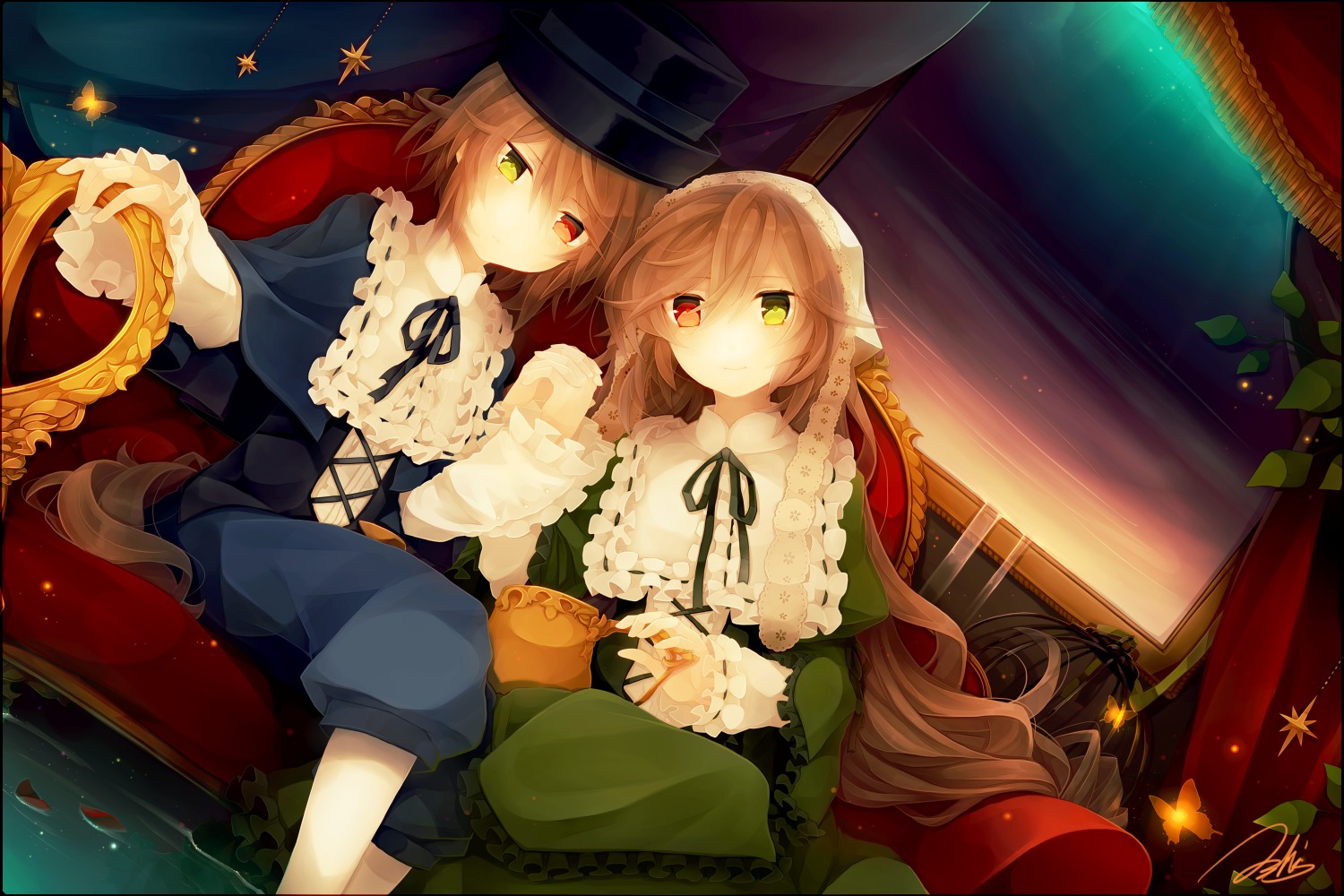 2girls brown_hair curtains dress green_eyes hat heterochromia image long_hair multiple_girls pair red_eyes ribbon siblings sisters sitting souseiseki suiseiseki twins