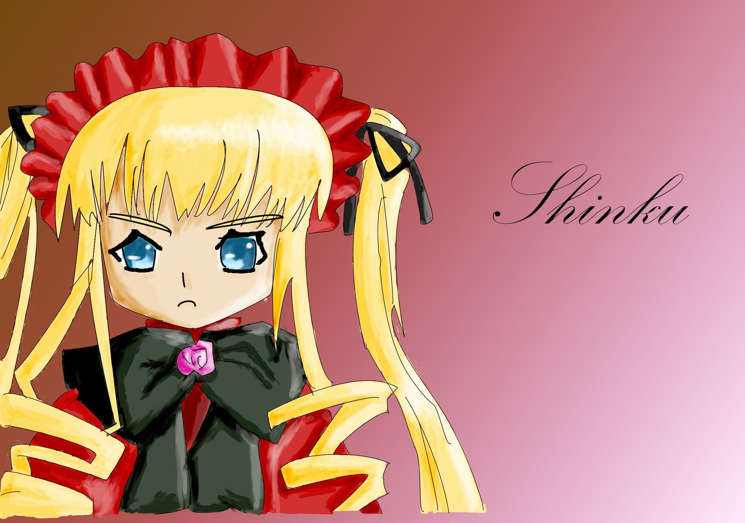 1girl :< >:( auto_tagged blonde_hair blue_eyes bow frown image long_hair long_sleeves looking_at_viewer pink_rose rose shinku simple_background solo twintails