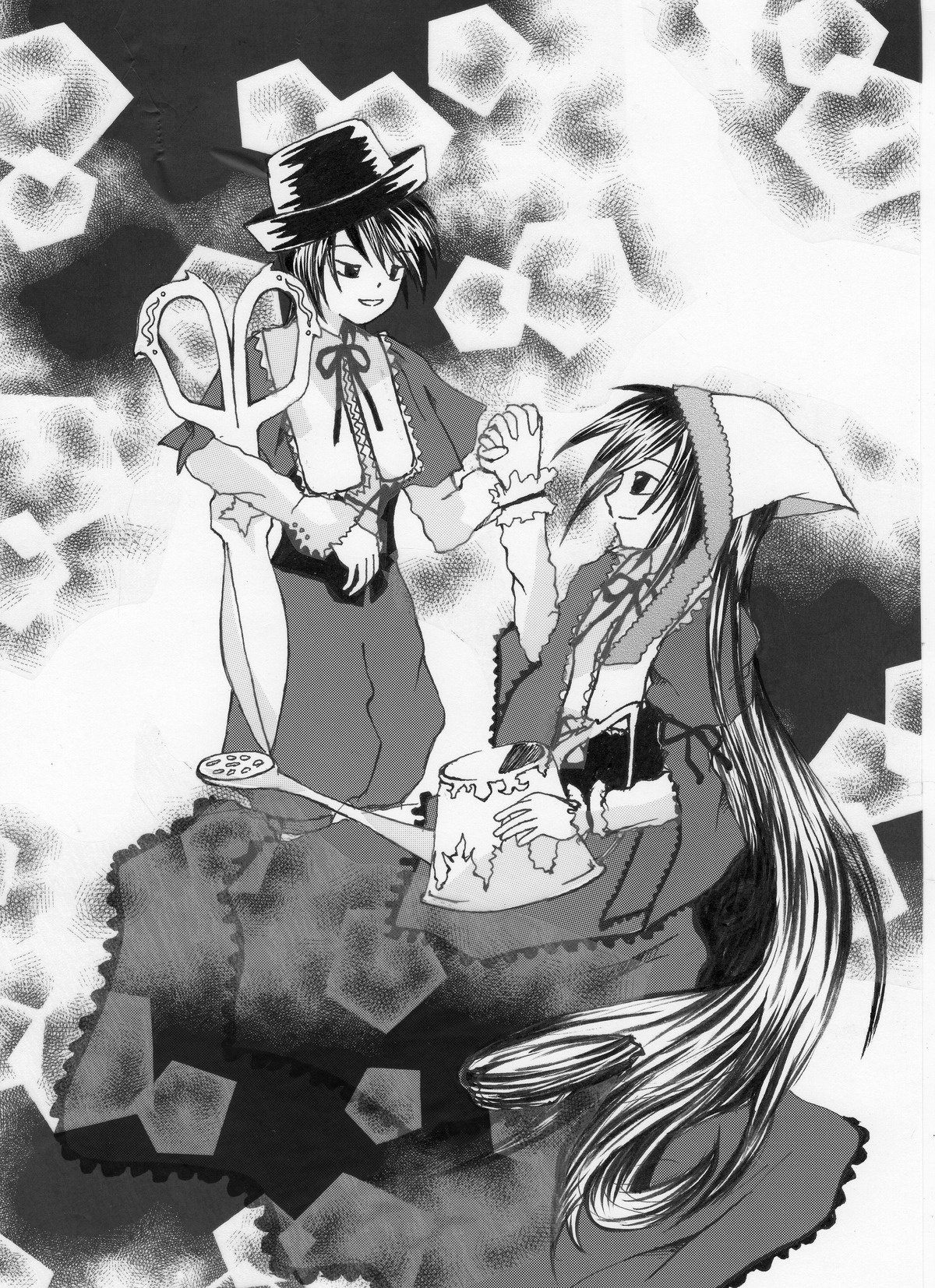 dress greyscale hat holding_hands image long_hair long_sleeves monochrome multiple_girls pair ribbon smile souseiseki suiseiseki top_hat very_long_hair