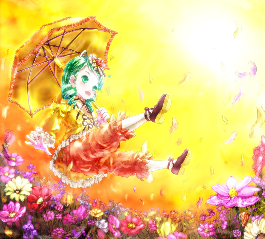 1girl dress drill_hair field flower flower_field green_eyes green_hair holding_umbrella image kanaria open_mouth parasol petals shoes smile solo twintails umbrella