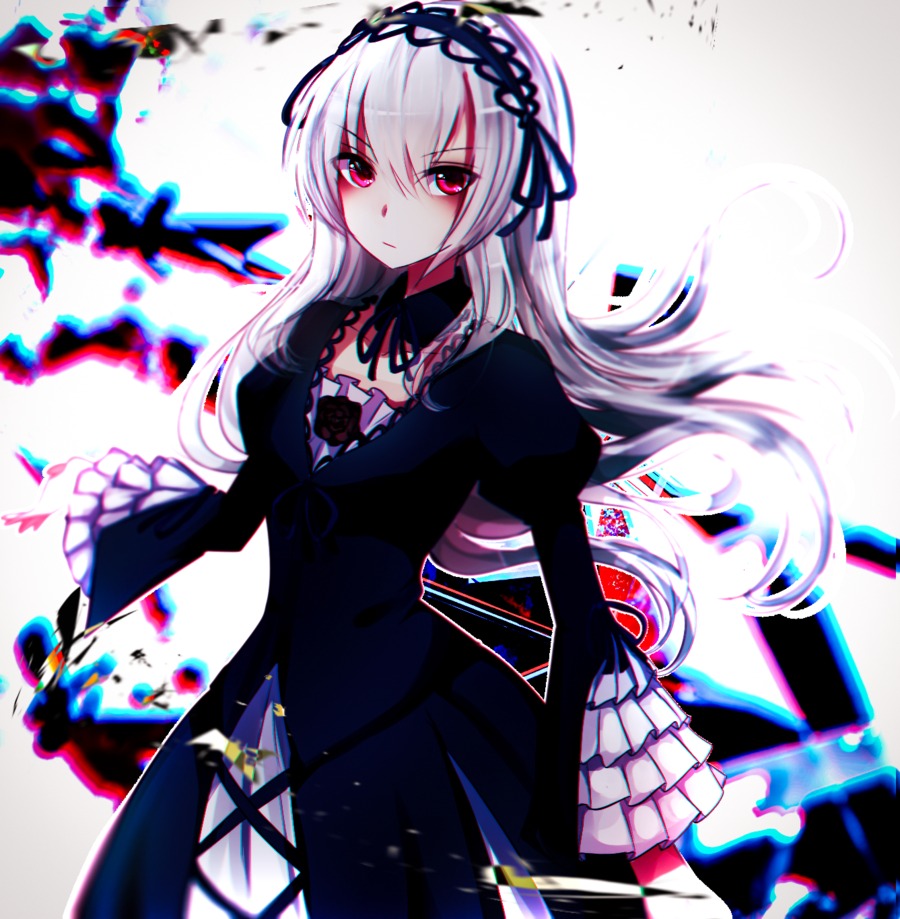 1girl black_dress black_ribbon blurry blurry_foreground depth_of_field dress flower frills gothic_lolita hairband image juliet_sleeves lolita_fashion lolita_hairband long_hair long_sleeves looking_at_viewer puffy_sleeves red_eyes ribbon silver_hair solo suigintou wide_sleeves wings