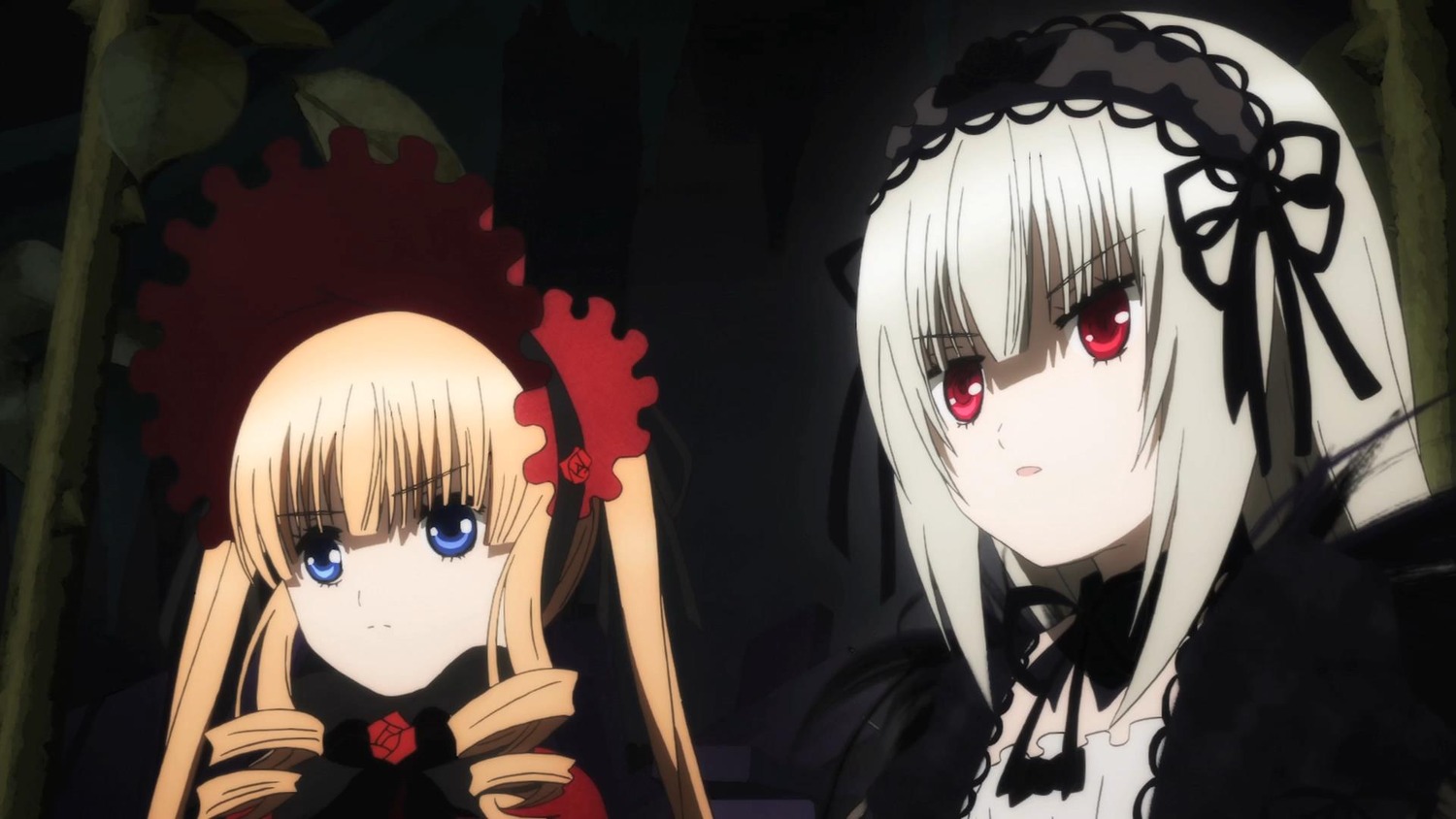 2girls blonde_hair blue_eyes bonnet bow dress drill_hair flower frills hairband image long_hair multiple_girls pair red_eyes rose shinku silver_hair suigintou twin_drills twintails umbrella