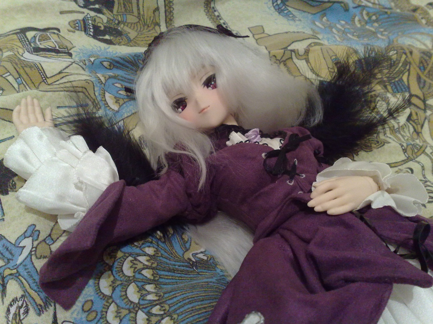 1girl doll dress frills long_sleeves looking_at_viewer lying on_back purple_dress red_eyes solo suigintou traditional_media white_hair wide_sleeves