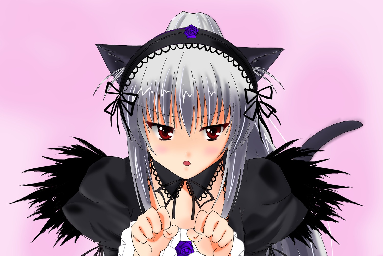 1girl animal_ears blush cat_ears detached_collar fake_animal_ears flower hairband image long_hair long_sleeves looking_at_viewer open_mouth paw_pose pink_background red_eyes rose silver_hair solo suigintou upper_body wings