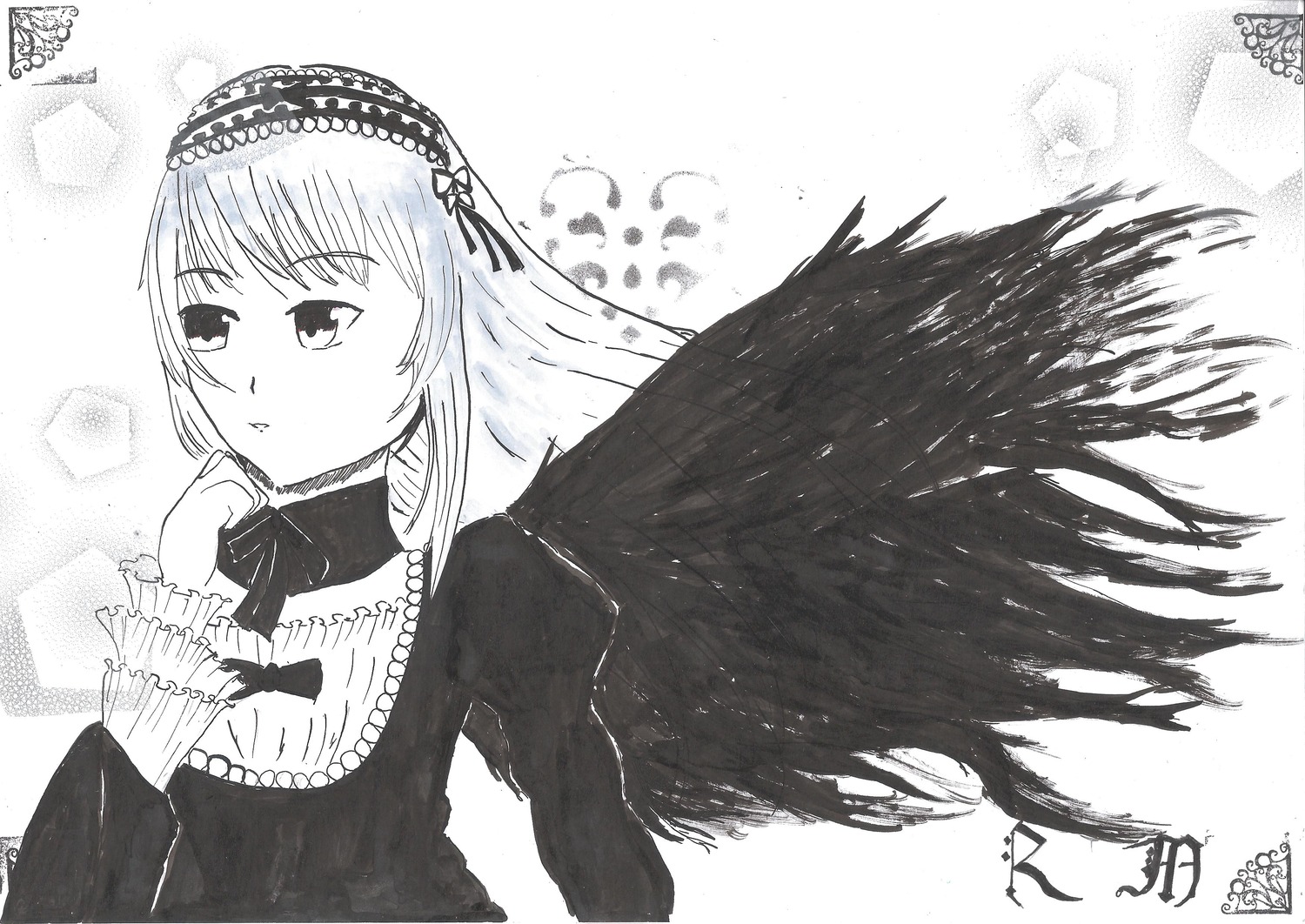 1girl artist_name bangs black_wings dated dress eyebrows_visible_through_hair feathered_wings frills greyscale hairband half-closed_eyes image juliet_sleeves lolita_hairband long_hair long_sleeves monochrome ribbon signature simple_background solo suigintou upper_body wings