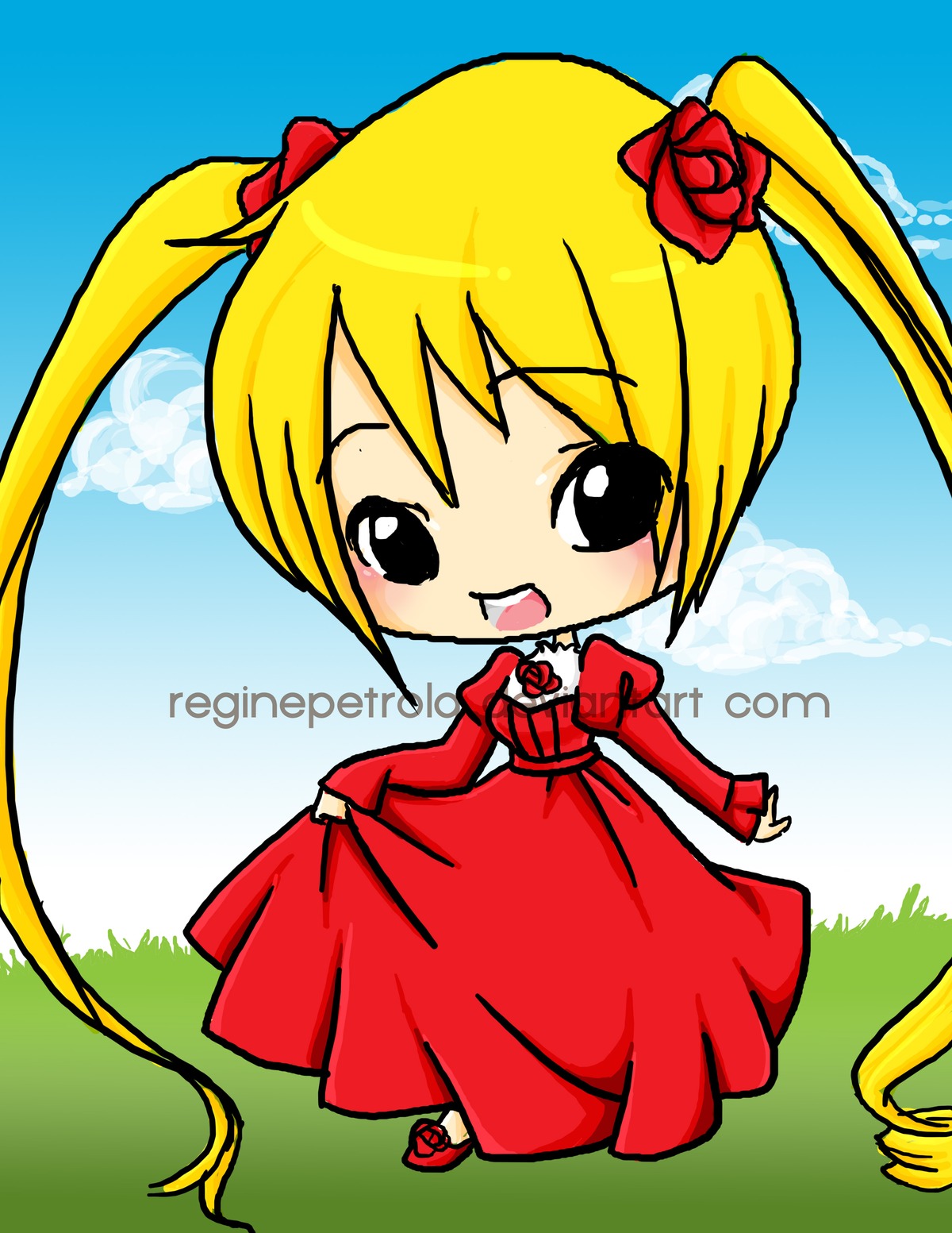 1girl blonde_hair chibi dress flower full_body image long_sleeves open_mouth puffy_sleeves red_dress red_flower red_rose rose shinku smile solo